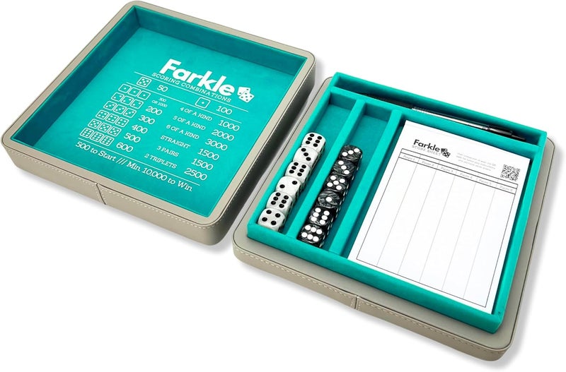 Luck Lab Farkle Dice Tray and Storage Case - Includes Embedded Scoring Combinations, 2 Sets of 6 Pearl Dice, 40 Sheet Score Pad and Pen Holder for The Classic Family Game (Grey and Turquoise) - Image 5